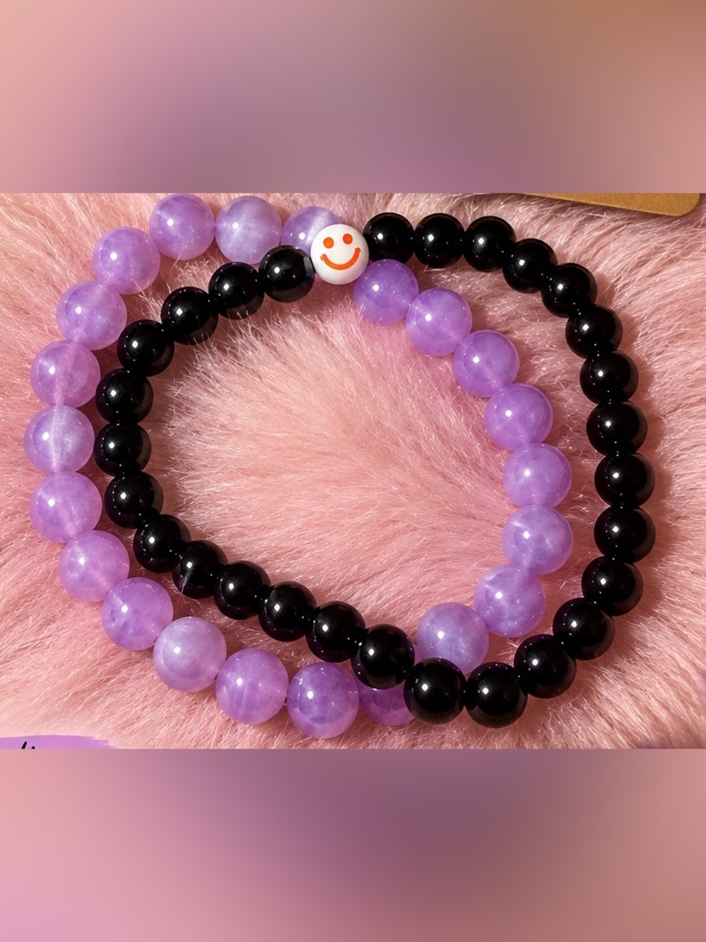 Lavender and Black Beaded Bracelet Duo with Smiley Accent
